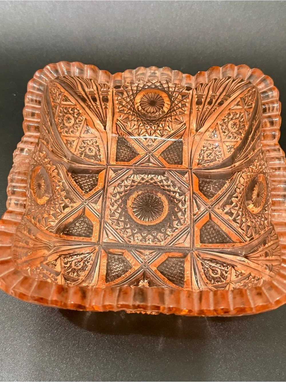 Vintage Salmon Pink Depression Pressed Glass Sawtooth Rim Square Candy Dish